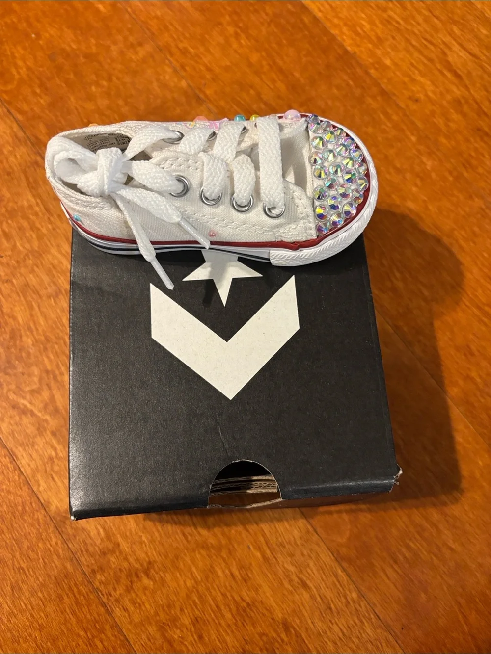 Converse Kids White Canvas Sneakers with Iridescent Rhinestone Toes